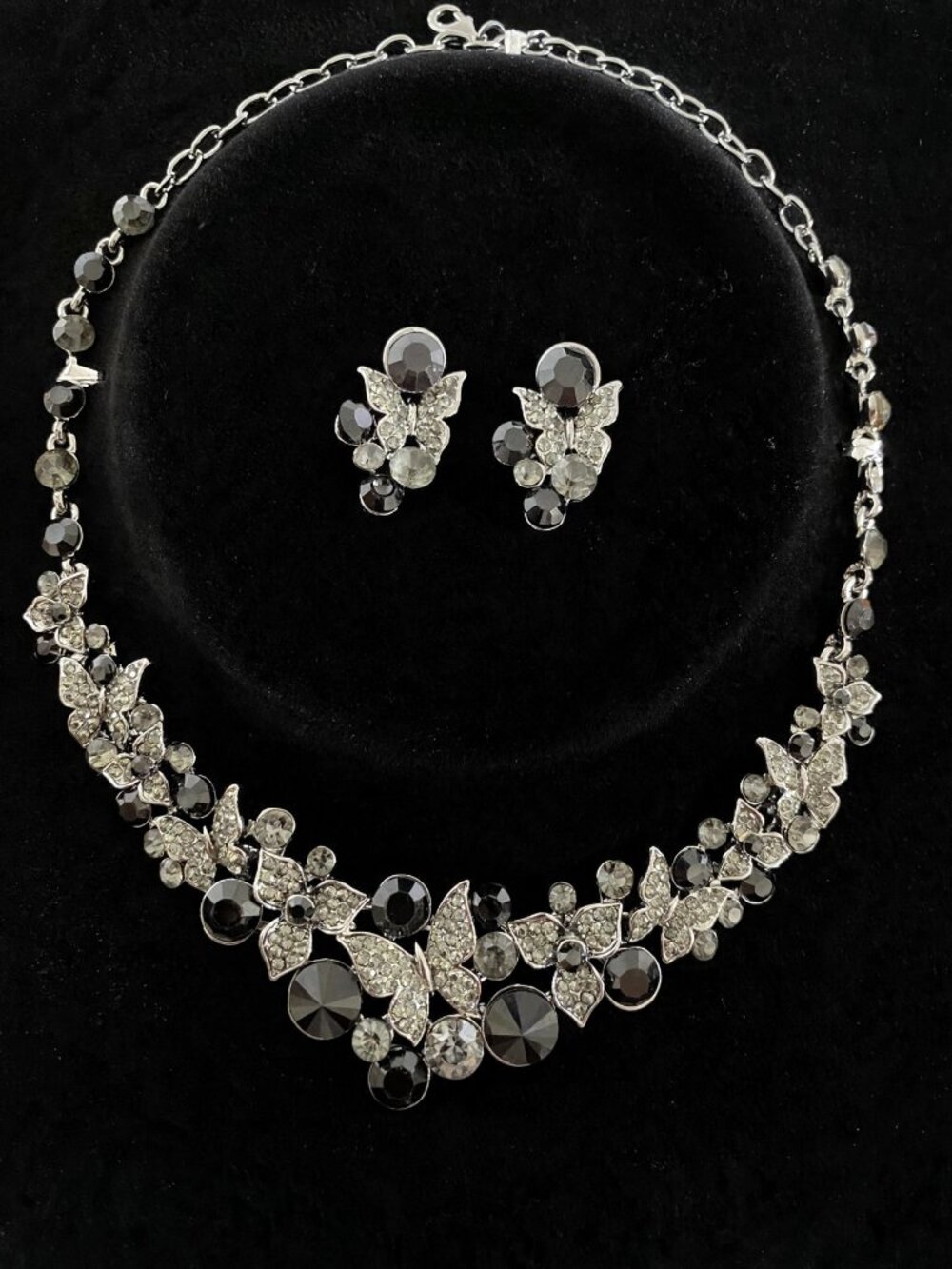 Black Crystal Butterfly Necklace & Earrings Set – Silver Tone Statement Jewelry